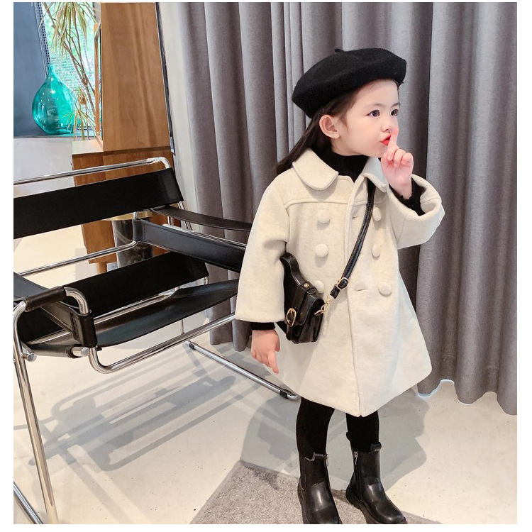 Girls' tweed coat winter new children's clothing children's thickened solid color coat children's double-breasted mid-length coat