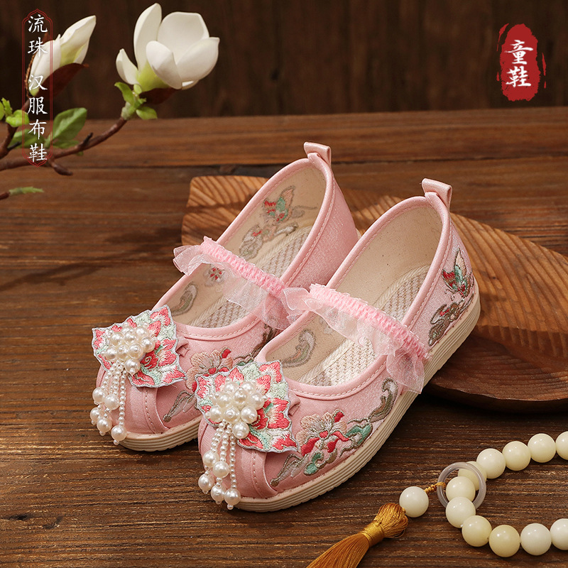 2025 Spring Children's Embroidered Shoes Chinese Style Han Dynasty Shoes Tang Suit Girls' Shoes Ancient Costume Pearl Decorated Cloth Shoes