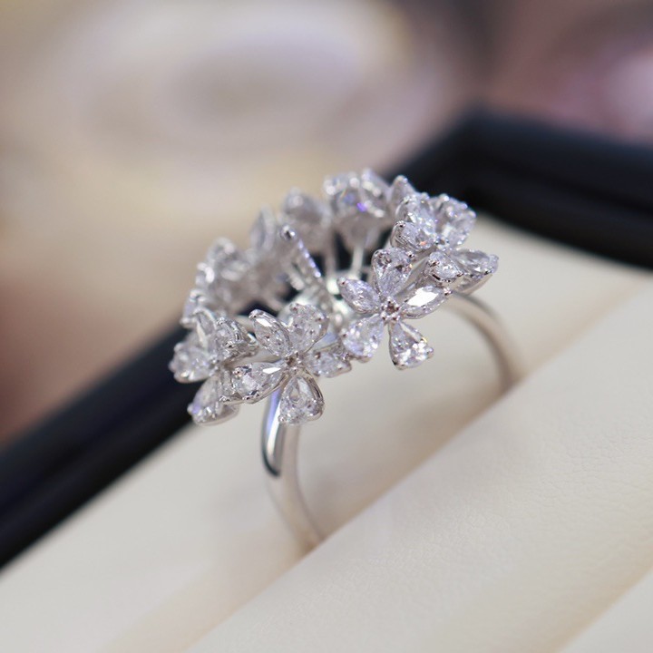 Pt900 Accessories Luxury Small Flower Ring Setting White Zircon Ring Set with 12-13mm Pearls Without Beads