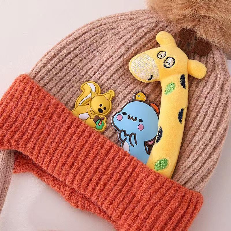 A Kidsren's Hat Baby Winter New Thick Ear Protection Knitted Woolen Hat Boy's Double-Layer Thickeneded Pullover Hat Trendy