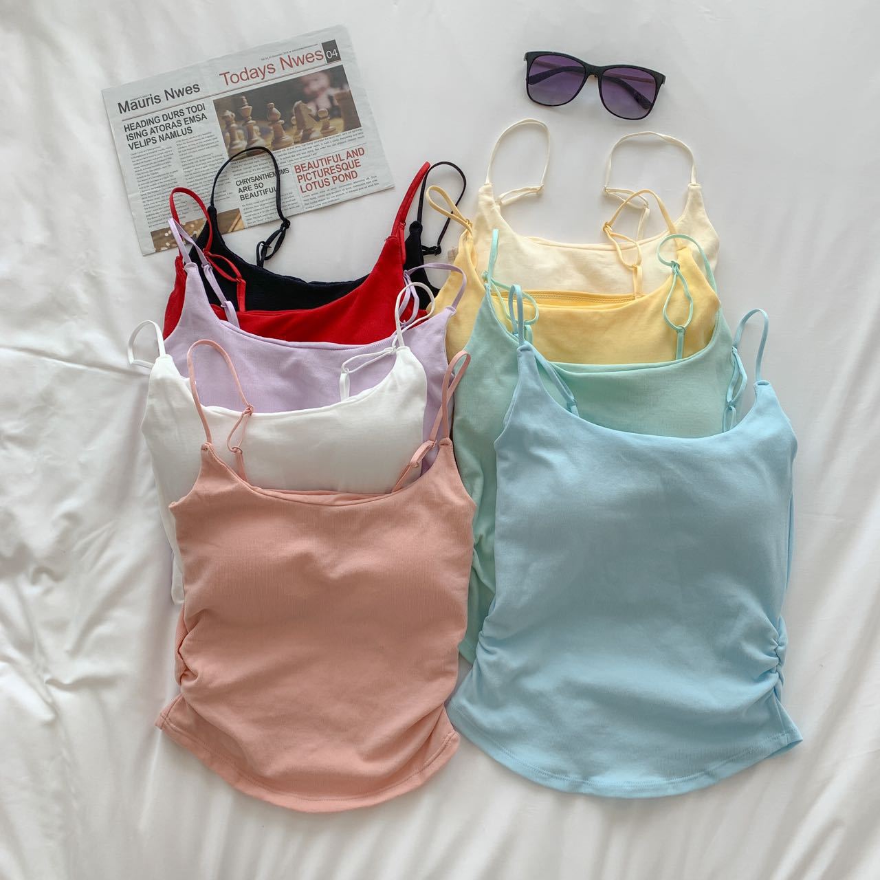 New Seamless Macaron Color Pure Sweet and Spicy Little Suspender Belt with Built-In Breast Pad and Pleated Design Slimming Vest for Women