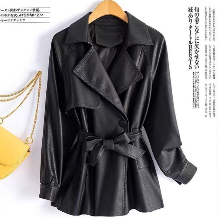 Low-Priced Spring and Autumn Haining Suit Collar Leather Jacket with Tie, Waist-Cinching, Slimming, Korean Style, British Trench Coat for Women