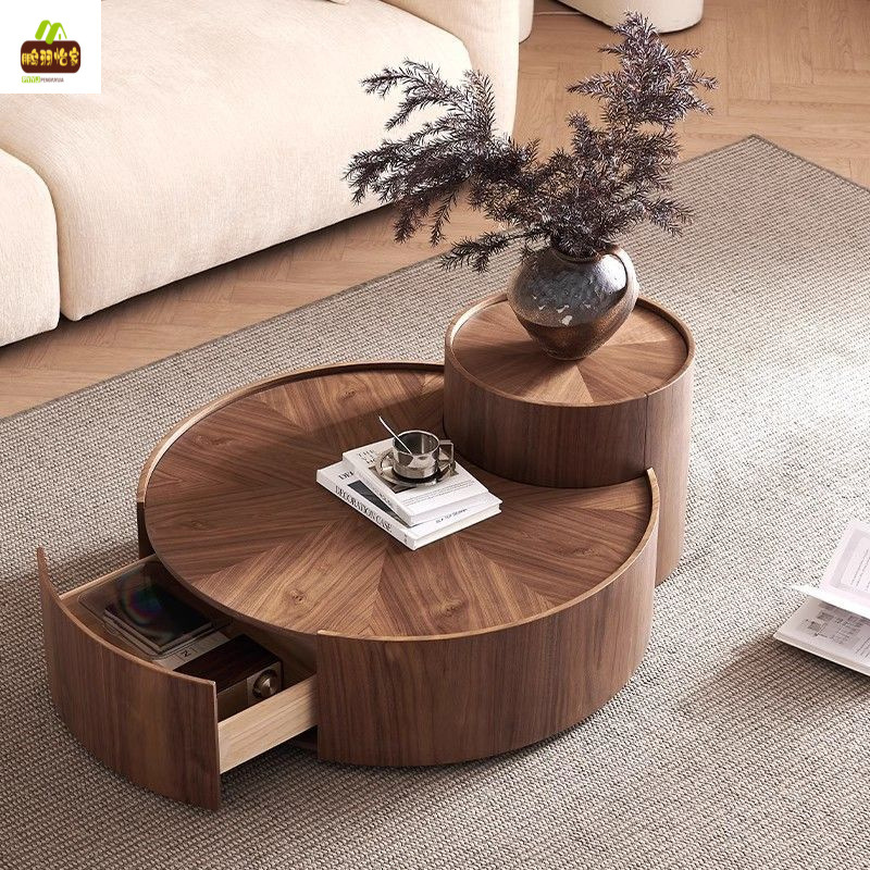 New Chinese Style Round Walnut Color Designer Creative Light Luxury Living Room Home High-End Wabi-Sabi Style Coffee Table Combination