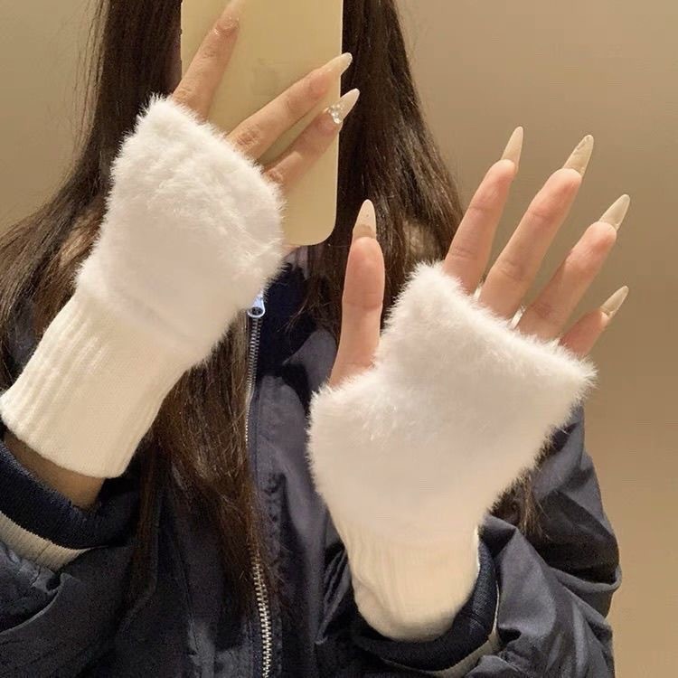 New Ins Style Half-Finger Plush Gloves, High-Looking Princess Warm Autumn and Winter Hand Socks, Touch Screen for Students in Class