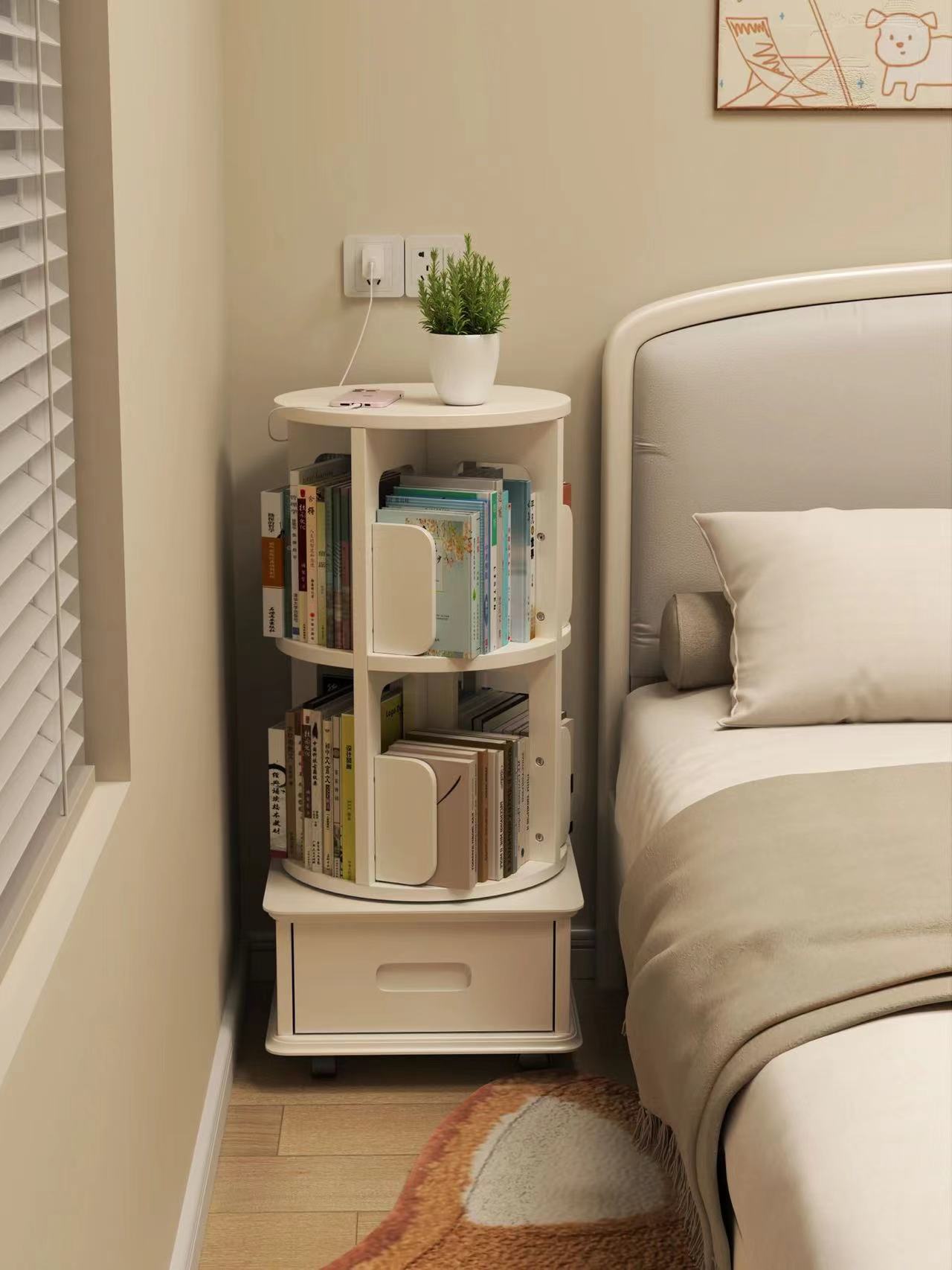 Rotating Bookshelf 360-Degree Bookcase Simple Storage Picture Book Storage Rack Bedroom Bedside Table Decorative Floor-Standing Reading Cabinet