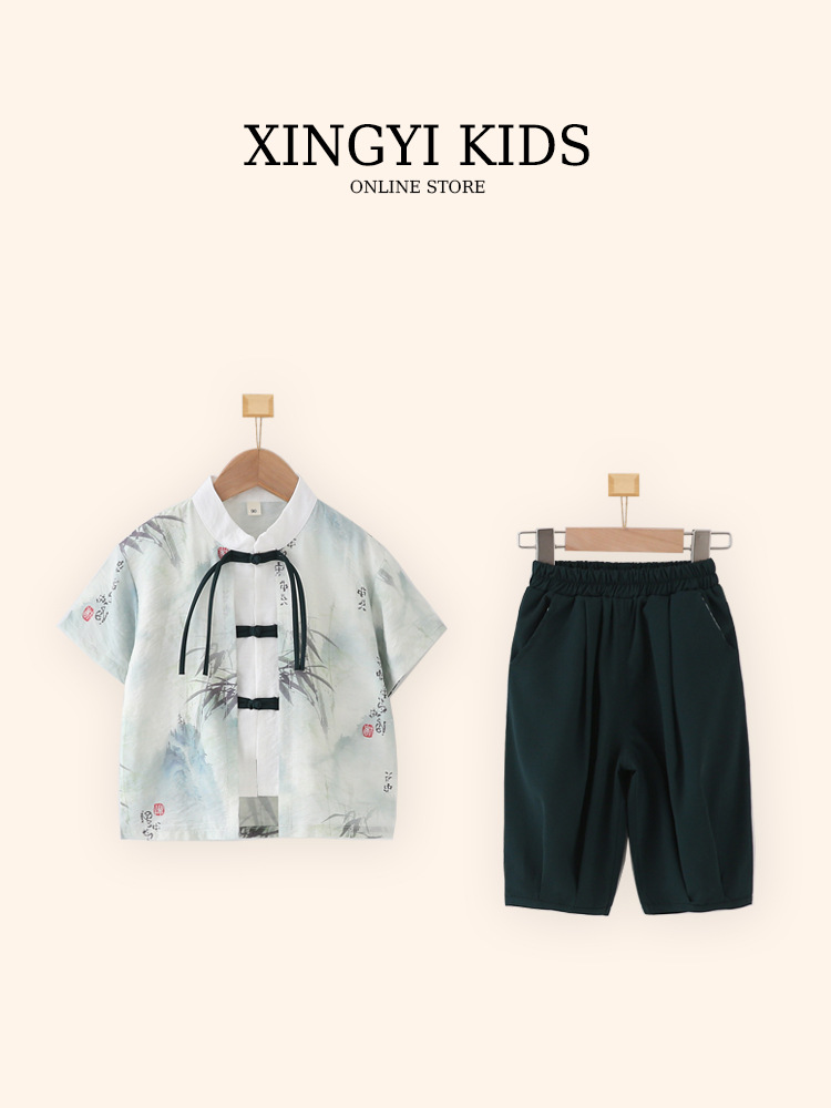 Children's Hanfu Boys' Short-sleeved Suit Summer National Style New Chinese Style Fake Two-piece 561 Kindergarten Performance Costume