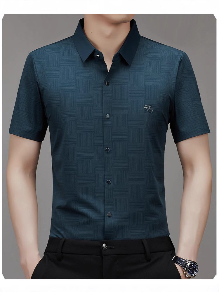 Летняя новая мужская рубашка с коротким рукавом бизнес бесшовная печатная клетчатая рубашка повседневная антивозрастная неутюжимая дропшиппинг