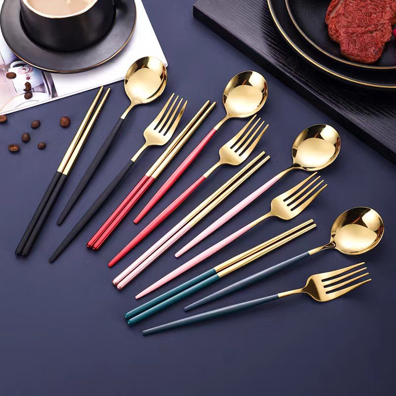 Stainless Steel Portable Tableware Fork Spoon Chopsticks Portuguese Western Tableware Three-piece Set Outdoor Student Tableware Set Gift