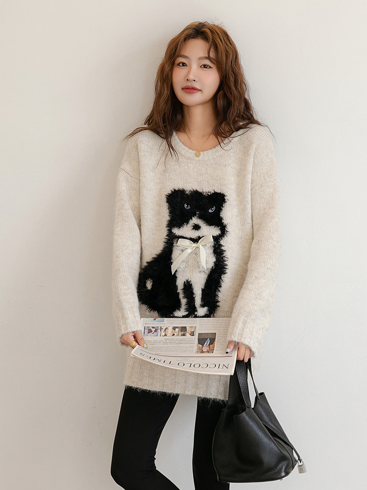Autumn and Winter Pregnant Women's Sweater Loose Mid-length Maternity Carto Dog Pregnant Women's Knitted Base Shirt Casual Fashion All-match