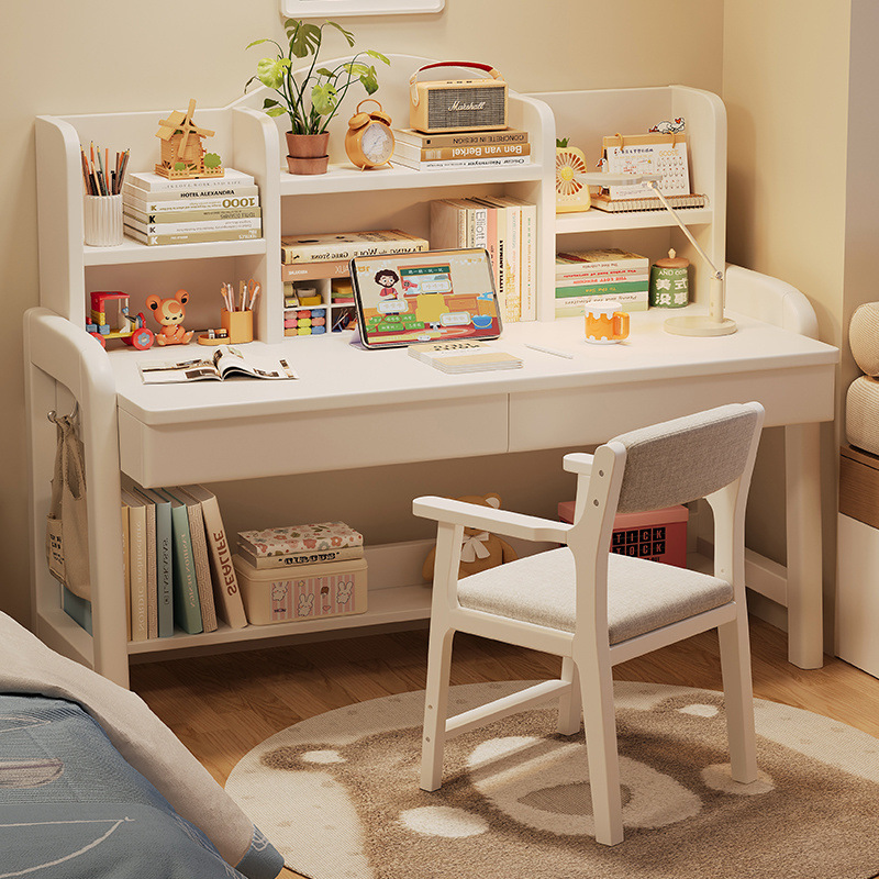 Solid Wood Desk Manual Adjustable Table Middle School Student Desk Bedroom Home Simple Desk Bookshelf Desk + Writing Chair