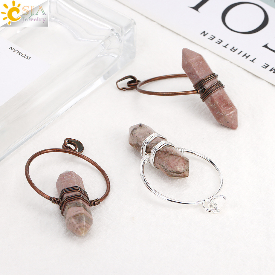 European and American Retro Red Copper Winding Round Pendant Natural Red Stripe Stone Crystal Hexagon Pillar Spirit Pendulum DIY Jewelry Accessories