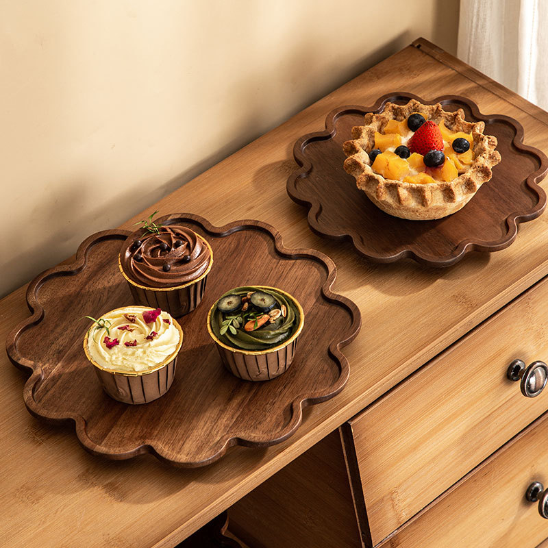 Cross-Border Retro Style Wooden Products Dessert Coffee Cake Plate Solid Wood Wooden Tray Lace Plate Fruit Plate Sample Production