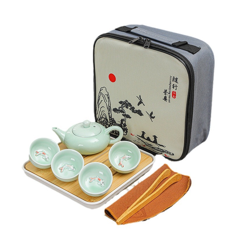 Factory Direct Celadon Carp Outdoor Travel Kung Fu Tea Set suit Household Simple Business Activities Accompanying Ceremony
