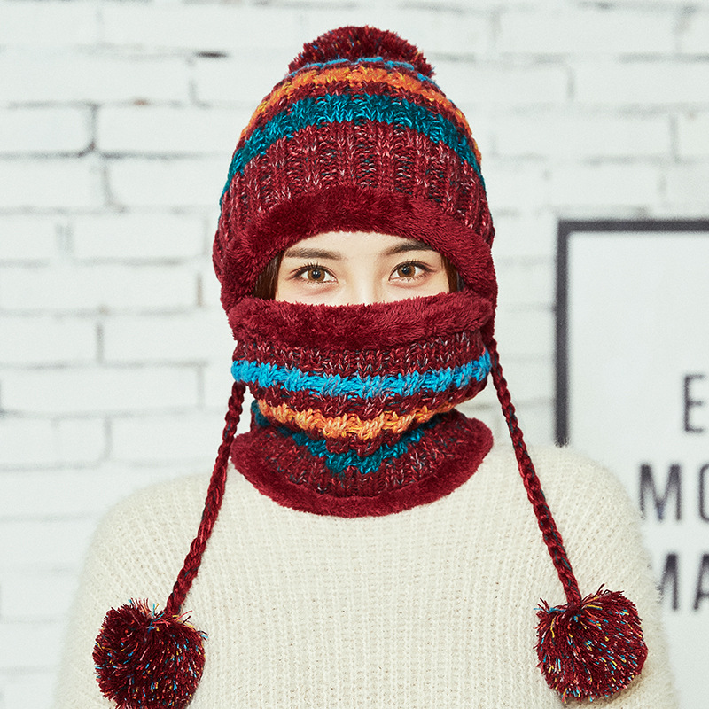 Knitted hat factory spot color twist three ball ear protection wool hat scarf kit winter warm two-piece set