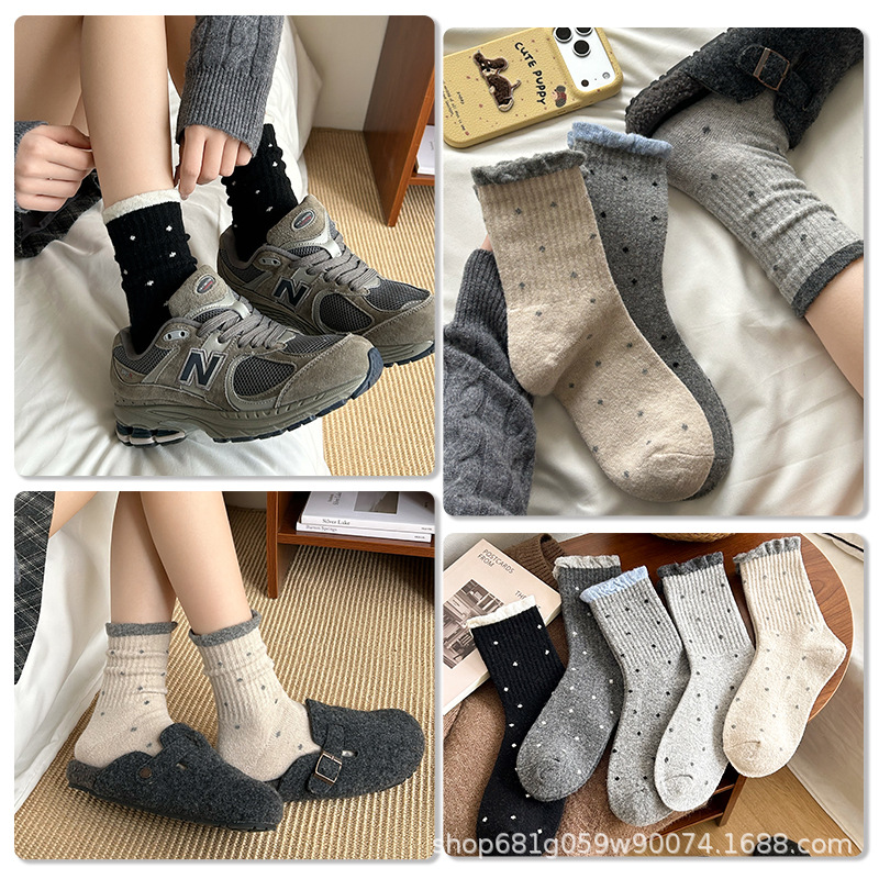 Women's Wool Socks, Long Tube, Winter Popular Style, Fleece-Lined, Thickened, Warm, Polka Dot, Gray Lace Socks for Women, Zhuji