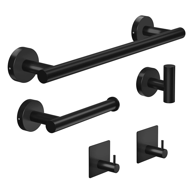 Cross-border Supply Stainless Steel Bathroom Hardware Kit Tissue Holder Bathrobe Hook Towel Bar Black Silver Five-piece Set