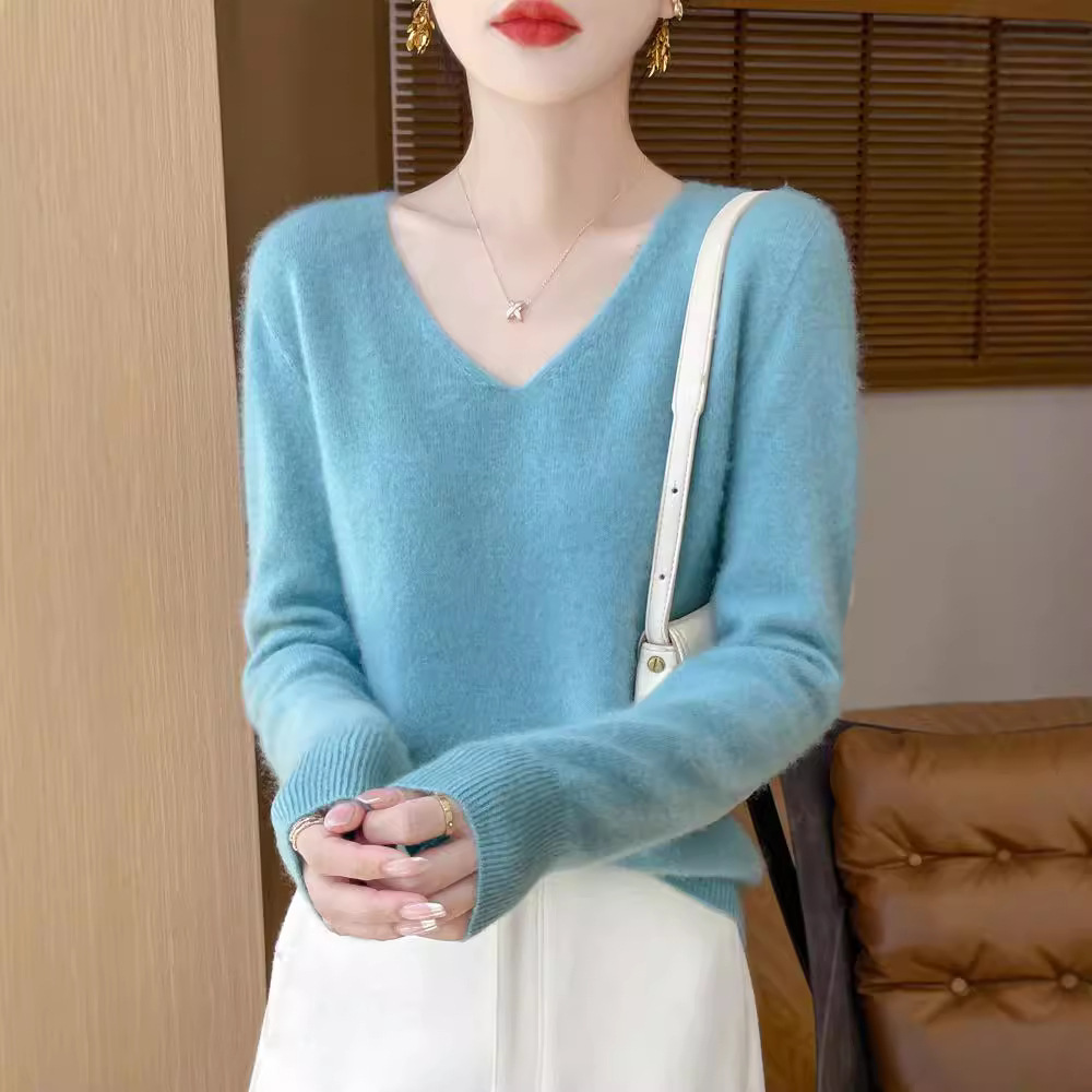 Factory Wholesale Wool Sweater for Women 100 Wool First-Line Ready-To-Wear V Neck Soft Waxy Knitted Top Outer Wear Slimming Look Bottoming Shirt