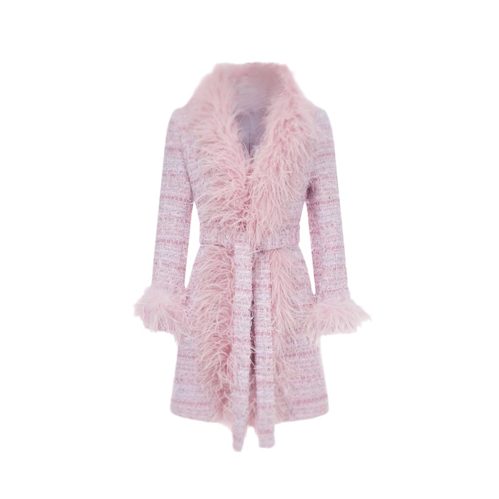 Socialite Private Clothing Temperament Simple Powder Ostrich Hair Temperament Chanel Style Coat Women's 2024 French Heavy Industry Mao Mao Top