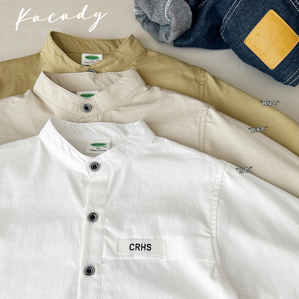 2025 Spring and Autumn Children's Clothing Boys Children's New Cotton Stand Collar White Long Sleeve Shirt Shirt Tops Wholesale Dropshipping