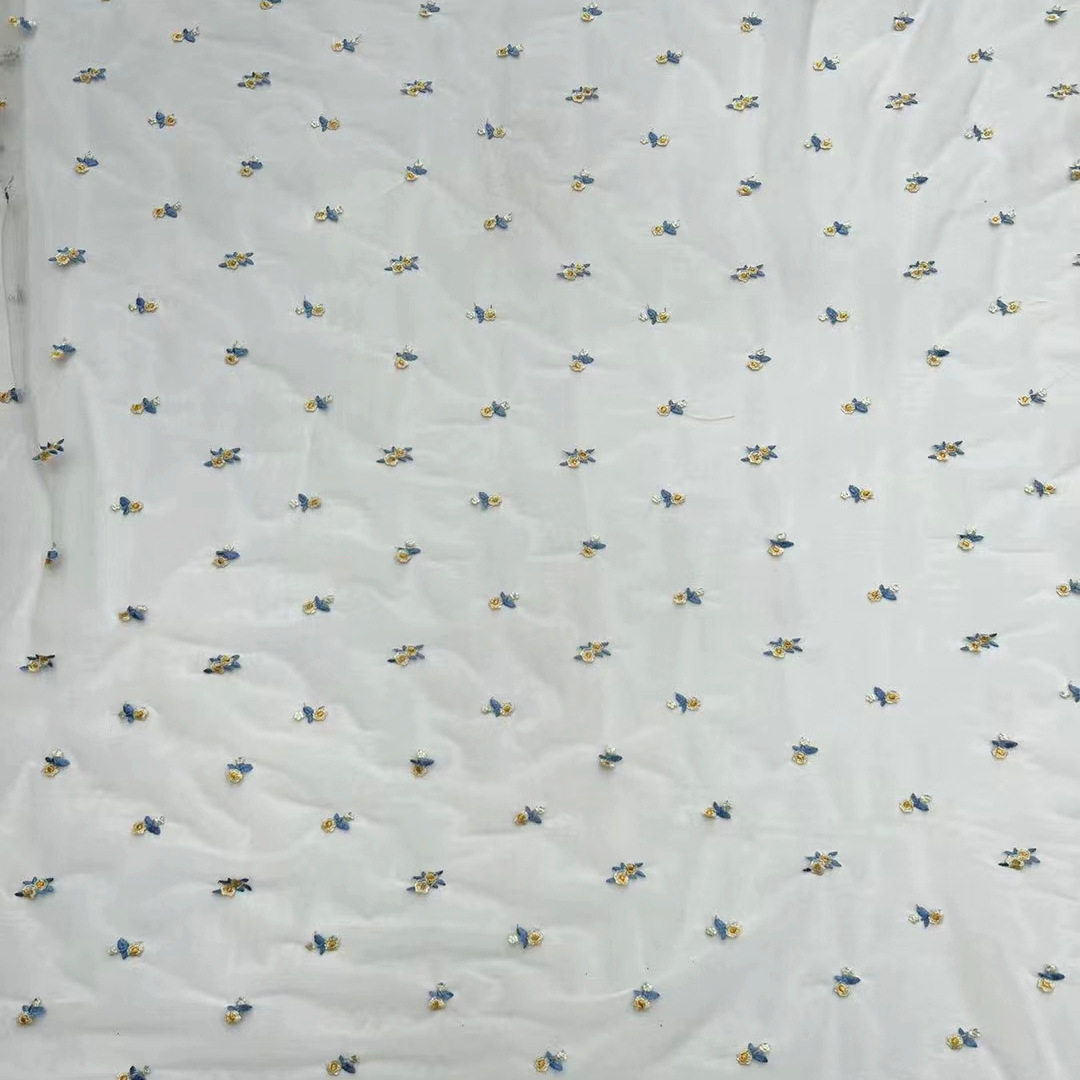 New Summer Small Floral Girl Princess Dress Embroidered Fabric Factory Direct Sunflower Mesh Embroidered Fabric