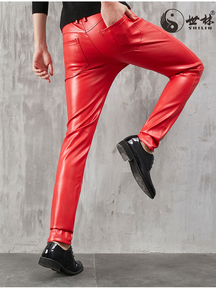 New Leather Pants Men's Brown Pu Casual Small Feet Motorcycle K-Style Handsome European and American Large Size Wholesale Cross-Border Motorcycle Autumn and Winter