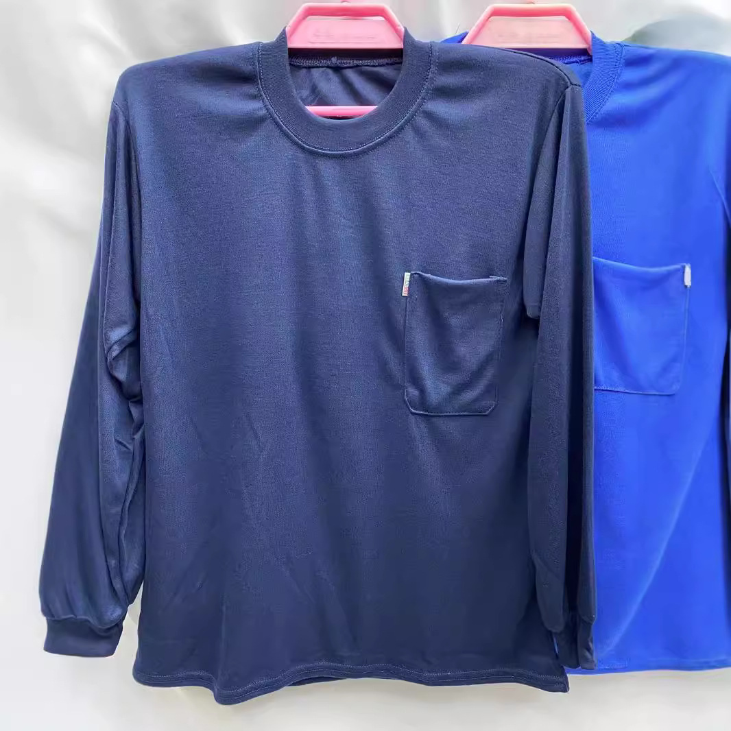 Men's Autumn Crewneck Middle-aged Real Pocket Solid Color Long Sleeve T-Shirt Crewneck Loose Base Shirt Stall Supply