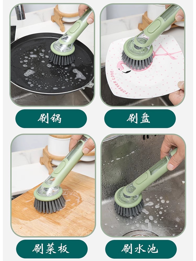 Kitchen Long-Handled Pot Brush, Automatic Liquid-Adding Pot Brush, Dishwashing Brush, Household Pot Washing Brush, Steel Wire Pet Cleaning Ball