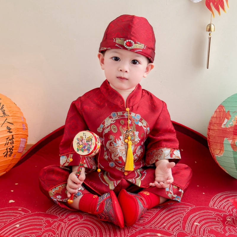25 New Baby Tang Suit New Chinese Men's Treasure Grasp Zhou Suit Red Festive Kirin suit Hundred Days Birthday Banquet Dress