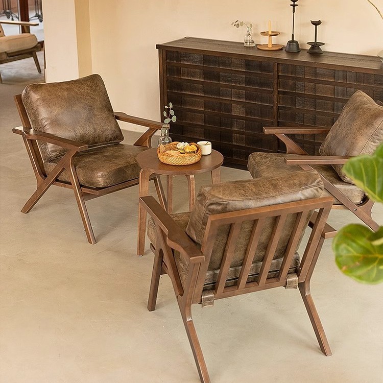 Vintage Bronzing Cloth Solid Wood Single Sofa Chair Restaurant Cafe Solid Wood Table and Chair Combination Household Living Room Leisure Chair