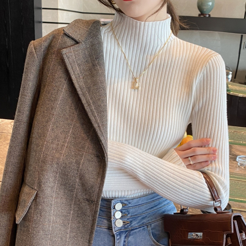 New Knitted Sweater White Versatile Half Turtleneck Autumn and Winter Top with Western Style Bottoming Shirt for Women