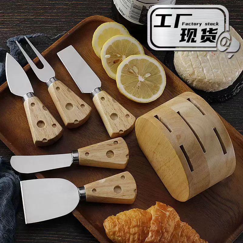 Cross-Border Rubber Wood Handle Cheese Handle Cheese Knife Set Stainless Steel Cheese Knife and Fork 6-Piece Set Including Wooden Base