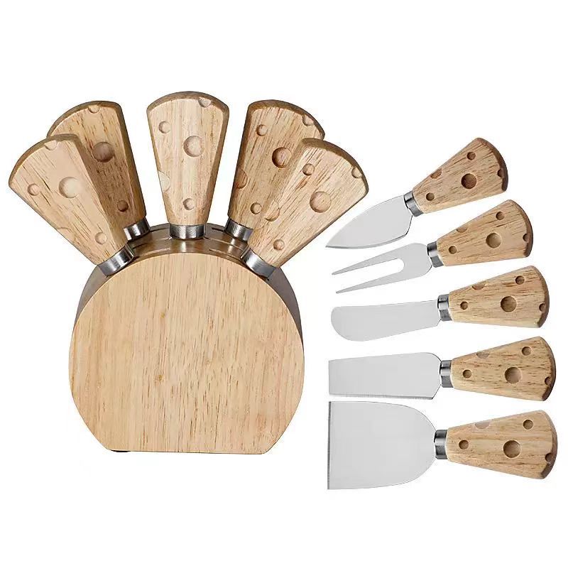 Cross-Border Rubber Wood Handle Cheese Handle Cheese Knife Set Stainless Steel Cheese Knife and Fork 6-Piece Set Including Wooden Base