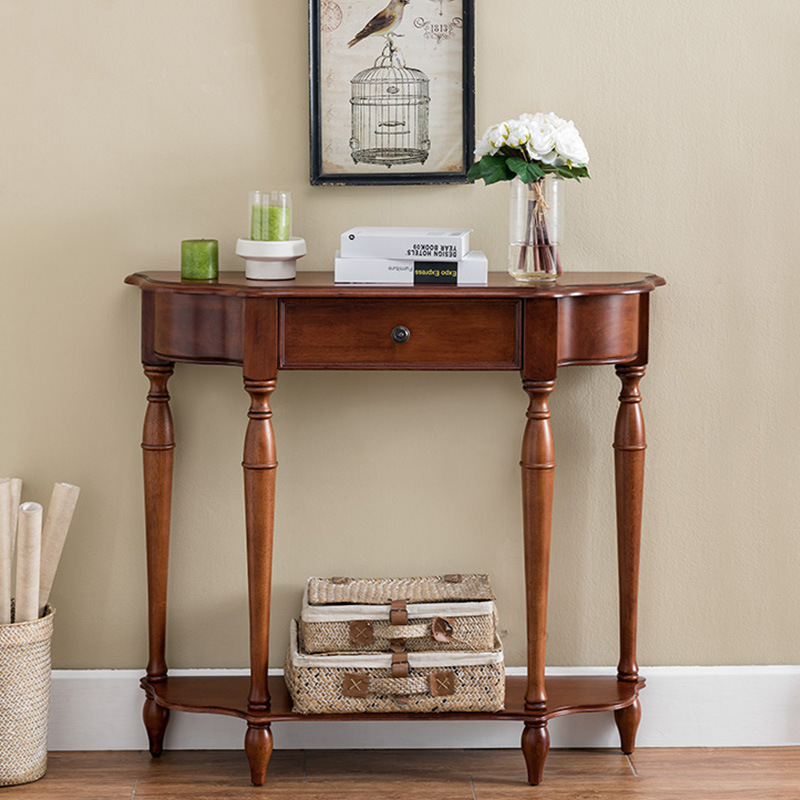 European Style Solid Wood Entrance Hall Entrance Table American Style Entrance Table Semi-round Entrance Cabinet Corridor Wall Table Decorative Table