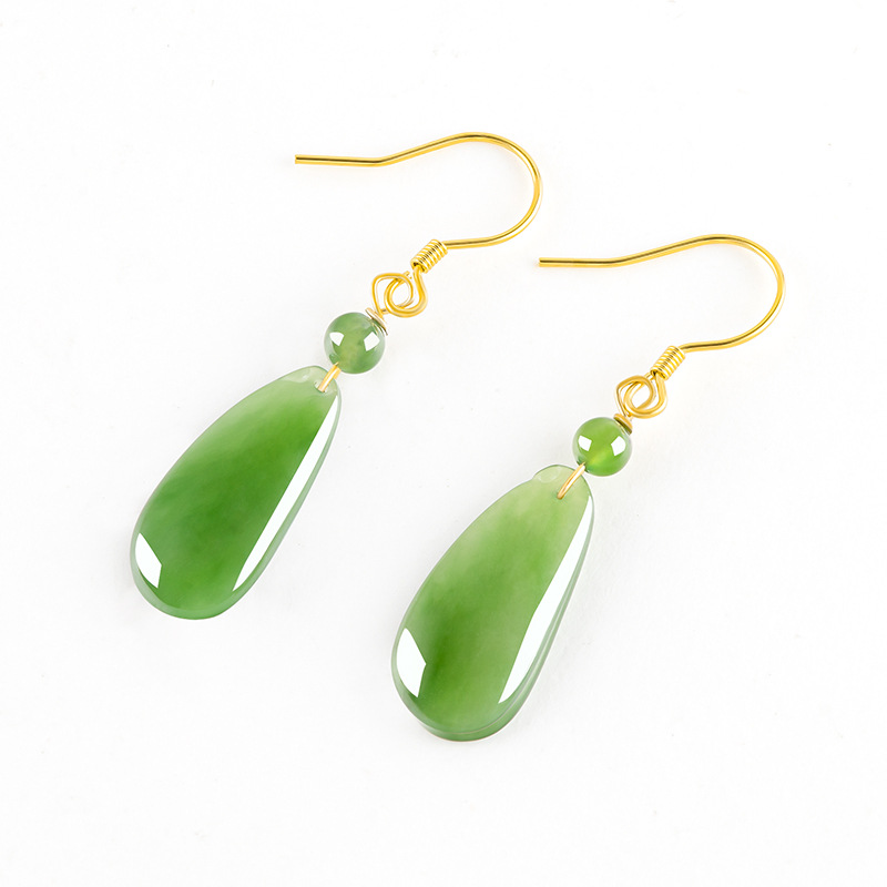 Natural Spinach Green Old Material Hetian Jasper Fugua Earrings Women's genuine goods S925 Silver Jade Earrings