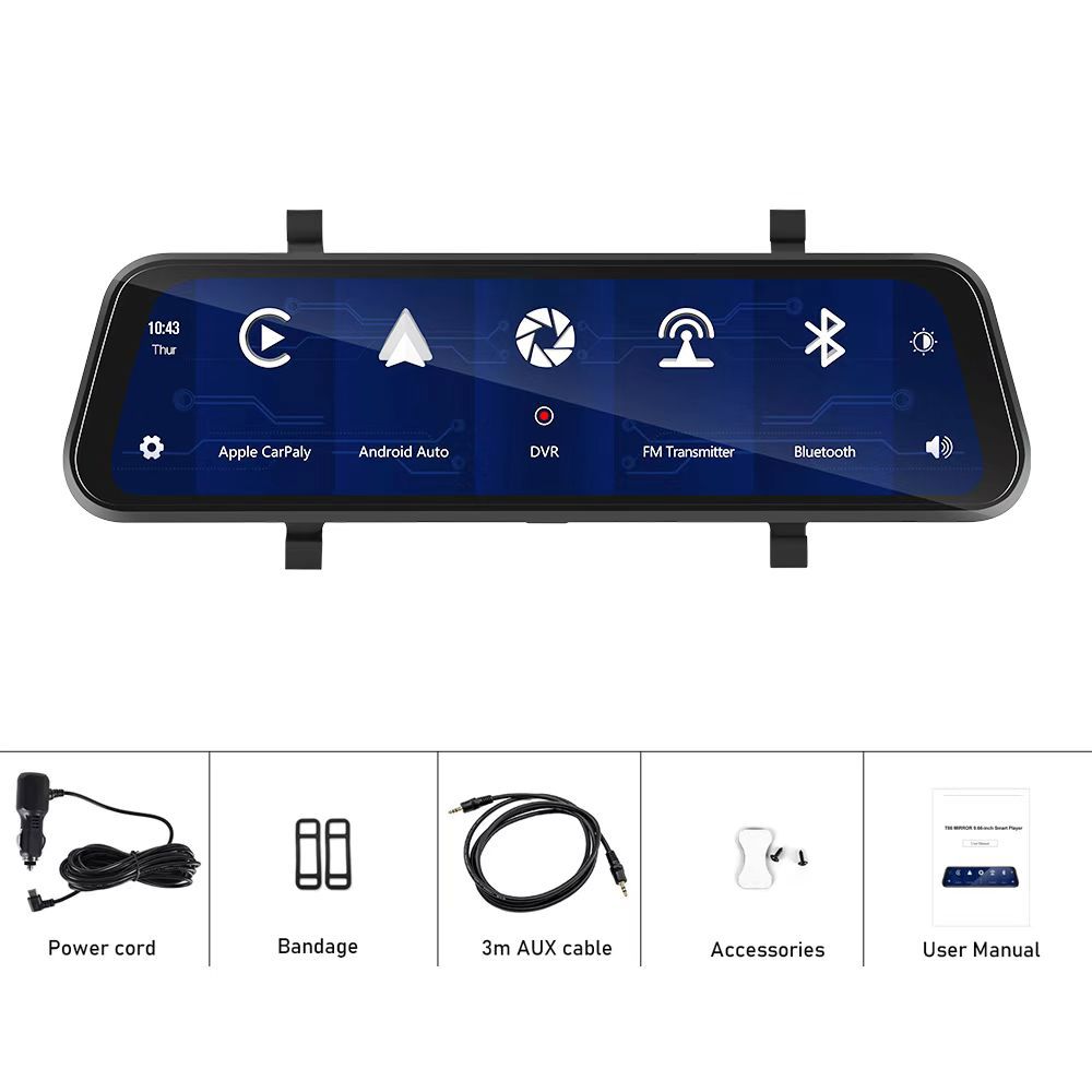 9.66inch Carplay/Android Auto/Appleairplay/Screen Projection/Tf Card Rearview Mirror Dual Recording Hd