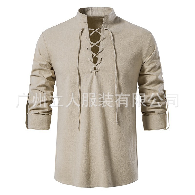 Halloween Costumes Amazon Men's Cotton Henry Shirt Long Sleeve Casual Beach Stand Collar Shirt European and American Drawstring Shirt