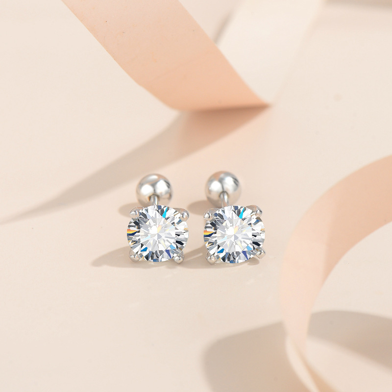 Sterling silver S925 Mossan drill screw earrings simple classic style ear hole D color VVs1 four-claw earrings exquisite