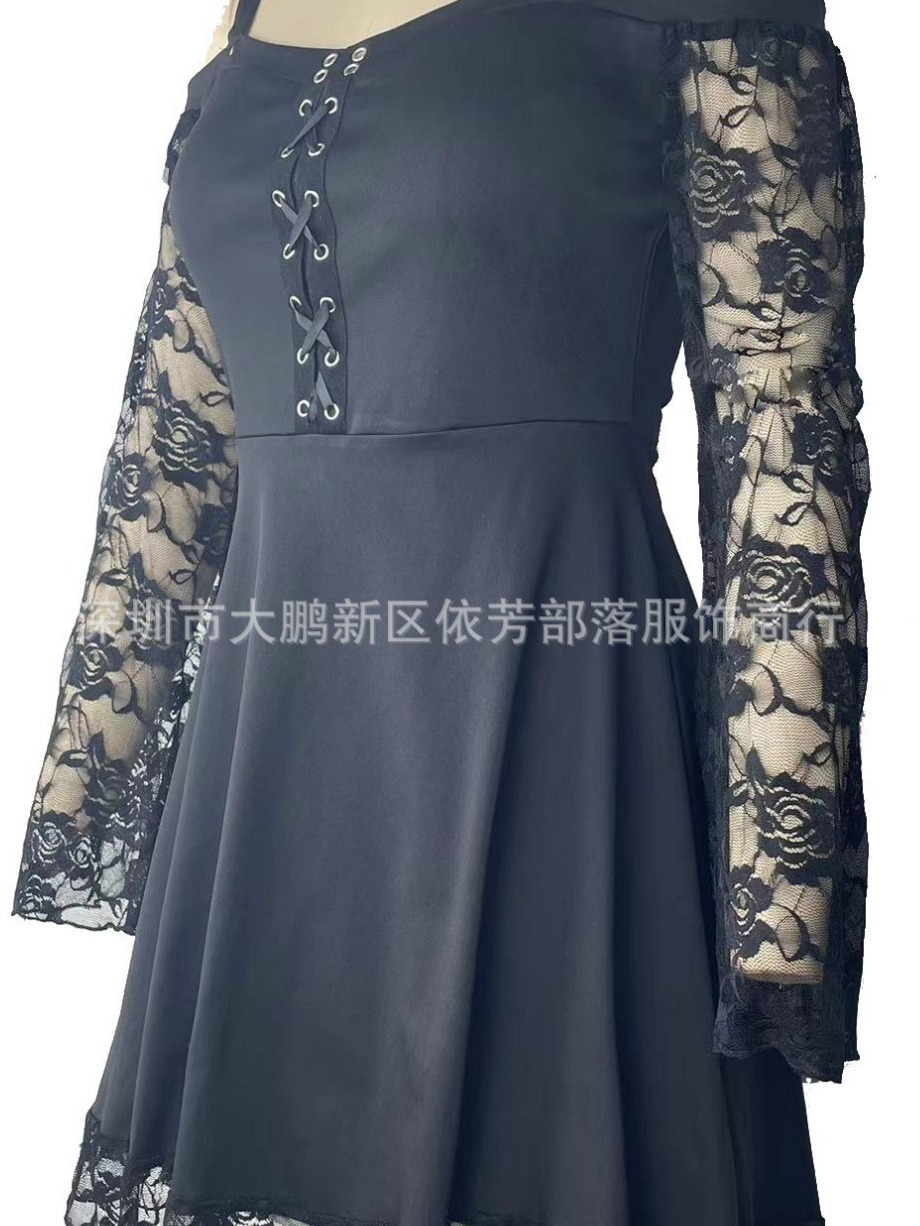 Amazon European and American women's off-neck shoulder strap lace bell sleeve ribbon corns large swing sexy mid-length dress