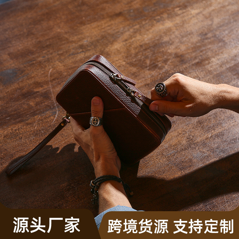 Suitable for Apple Data Cable Capacitive Pen Leather Storage Box Handmade Mobile Phone Accessories Zipper Storage Bag in stock