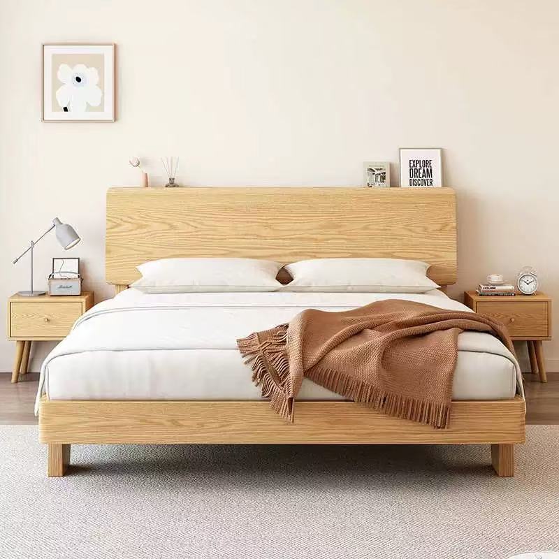 Modern Light Luxury Oak Bed Bedroom 1.8 Double Bed Bedside Table Small Apartment 1.2m Solid Wood Single Bed Frame