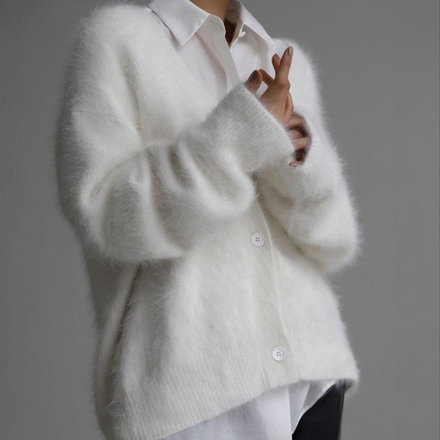 Cross-Border Export Imitation Mink Knitted Cardigan European and American 2025 Women's Lazy Style Design Loose Elegant V Neck Sweater