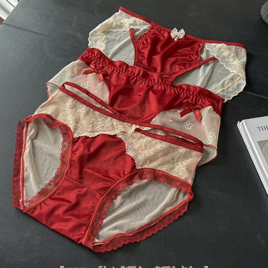 Ancola Red Girl's Underwear Mid-Waist Silky Satin Lace This Life Year Wedding New Year Red Triangle Shorts Head