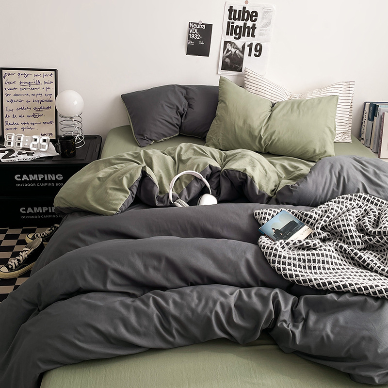 Ins Solid Color Double Wash Cotton Bed Four-piece Set Class A Super Soft Bed Sheet Quilt Cover Bed Cover Student Dormitory Three-piece Set