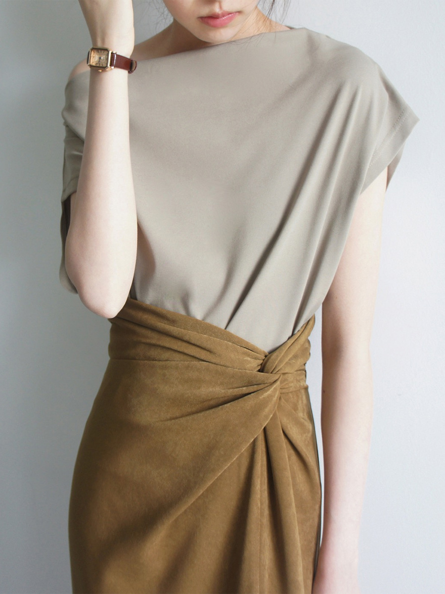 JOJOZ Mustard Fog Texture Cross Design High Waist Side Slit Knee Skirt Elegant Fashionable Women's Underwear