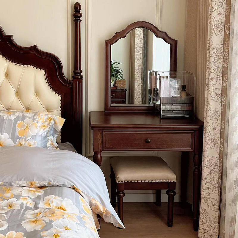 American Retro Solid Wood Bed French Princess Bed Bedside Table Dresser Cupboard Bedroom Complete Set of Classy Furniture