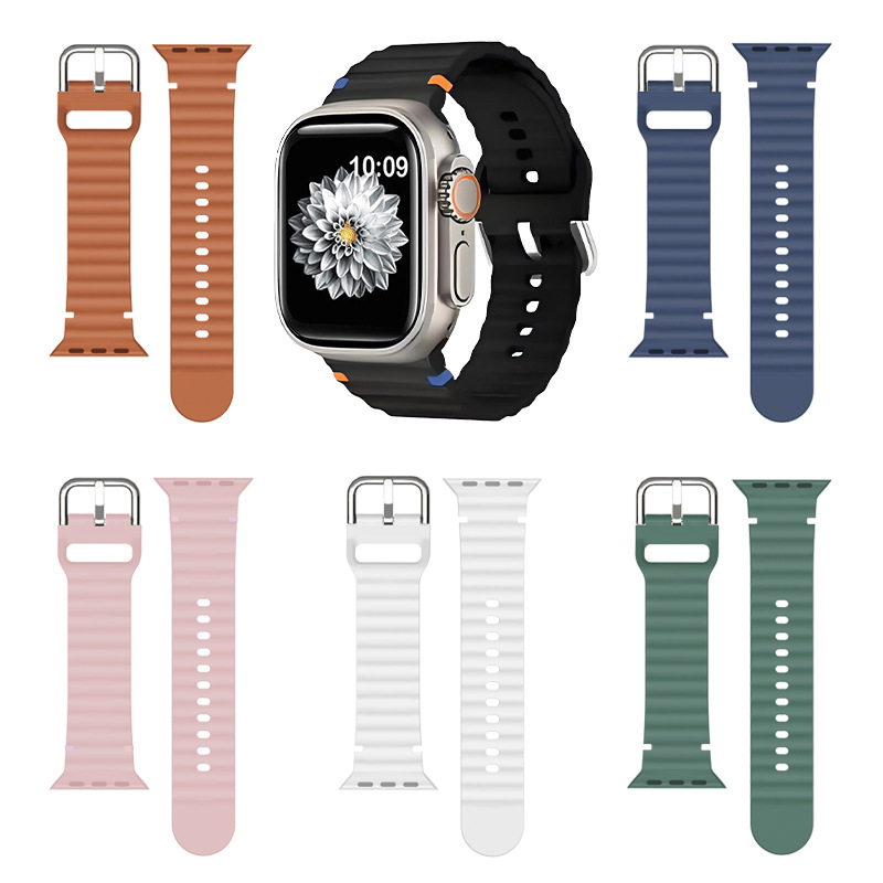 For Apple Watch Strap Apple Watch 9/S10 Ultra Unisex Colored Stitch Wave Silicone