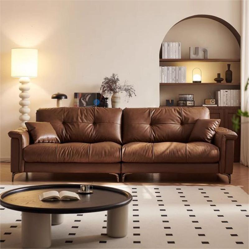 Italian Normcore Nebula Leather Sofa Straight Row Mid-Century Style Living Room Small Apartment First Layer Cowhide Black Sofa Combination