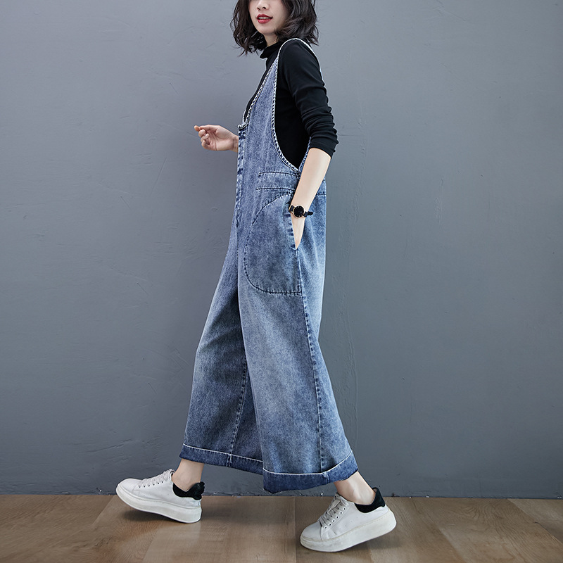 Real Stock Loose Retro Overalls Denim Wide-Leg Pants Denim Overalls Jumpsuit Long Pants