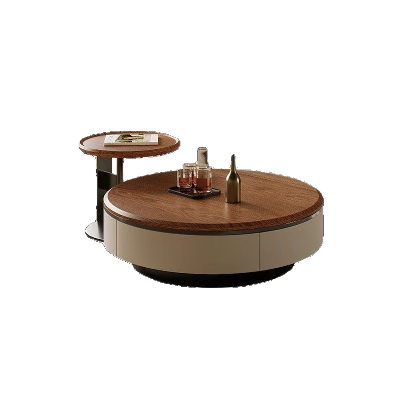 Medieval Style Walnut Color Round Solid Wood Multi-Layer Board Coffee Table Modern Simple Light Luxury Living Room Home New Style
