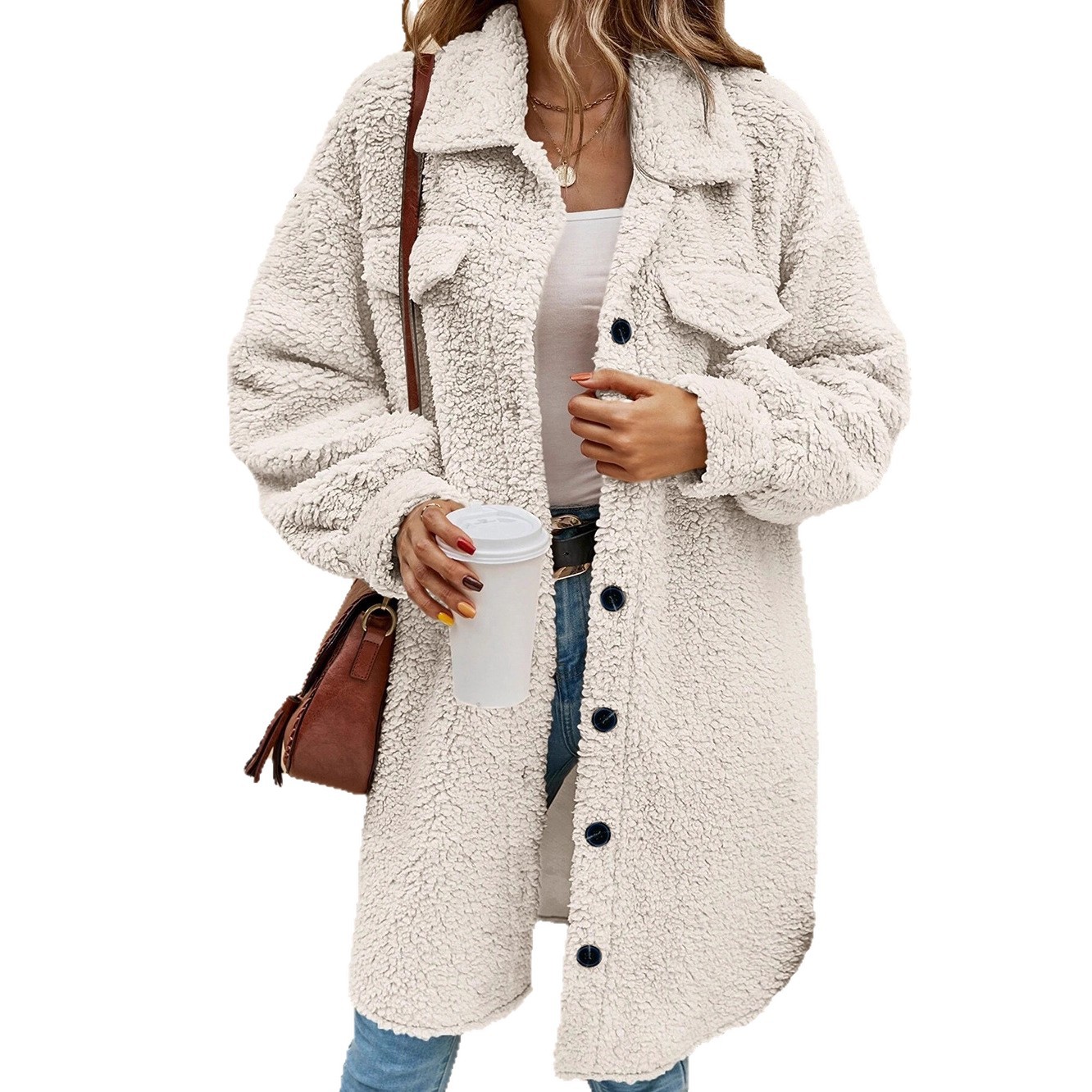 Cross-border Amazon new European and American Winter Open buckle lapel plush coat loose temperament commuter long coat for women